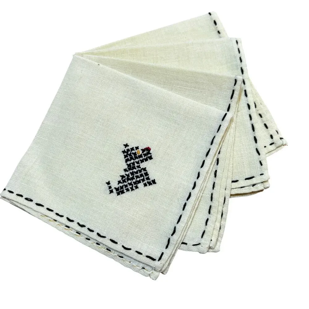 Cocktail napkins (4) YELLOW cotton hand embroidery black Scottish Terriers